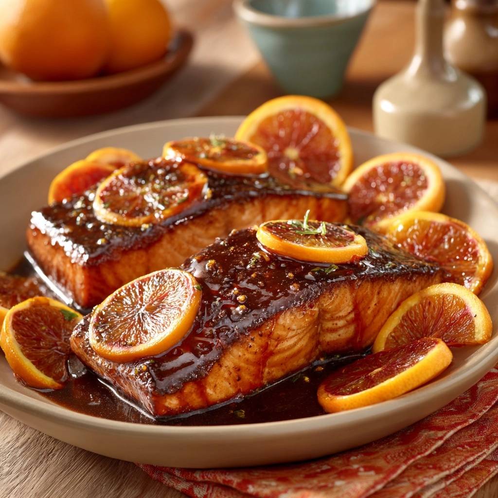 Orangenglasierter Lachs Detail Glasur Zitrus 1 Orangenglasierter Lachs mit glänzender Glasur und frischen Orangenscheiben, detailreiche Nahaufnahme der Oberfläche.