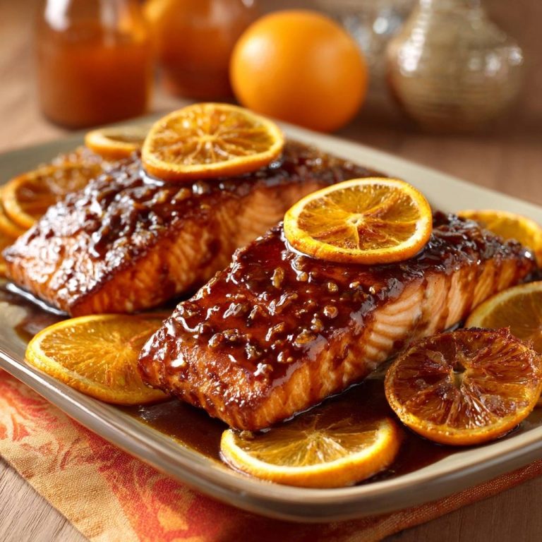 Orangenglasierter Lachs, saftig und glänzend, serviert mit Orangenscheiben auf einem rechteckigen Teller.