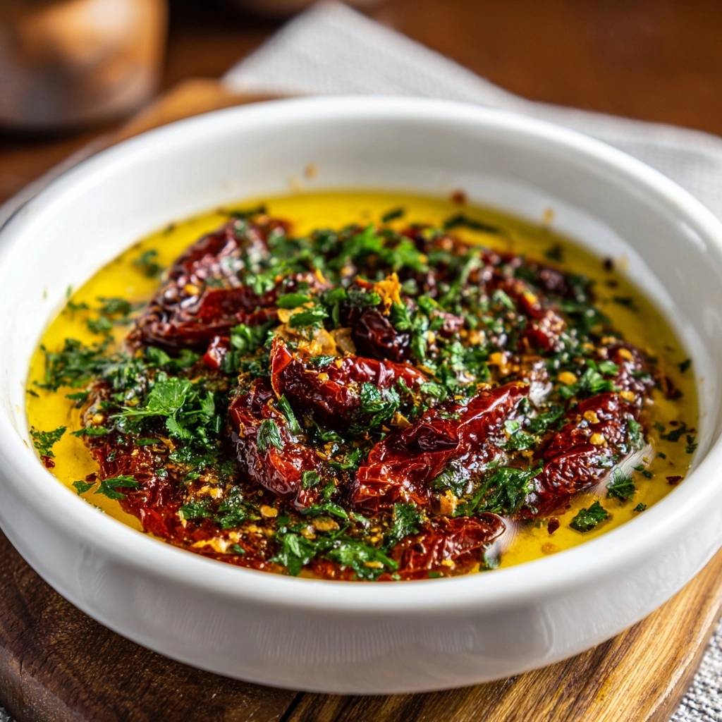 Paprika Hummus Close Up In Bowl 1 Cremiger Paprika-Hummus in einer weißen Schüssel, garniert mit getrockneten Tomaten und Petersilie, Nahaufnahme.