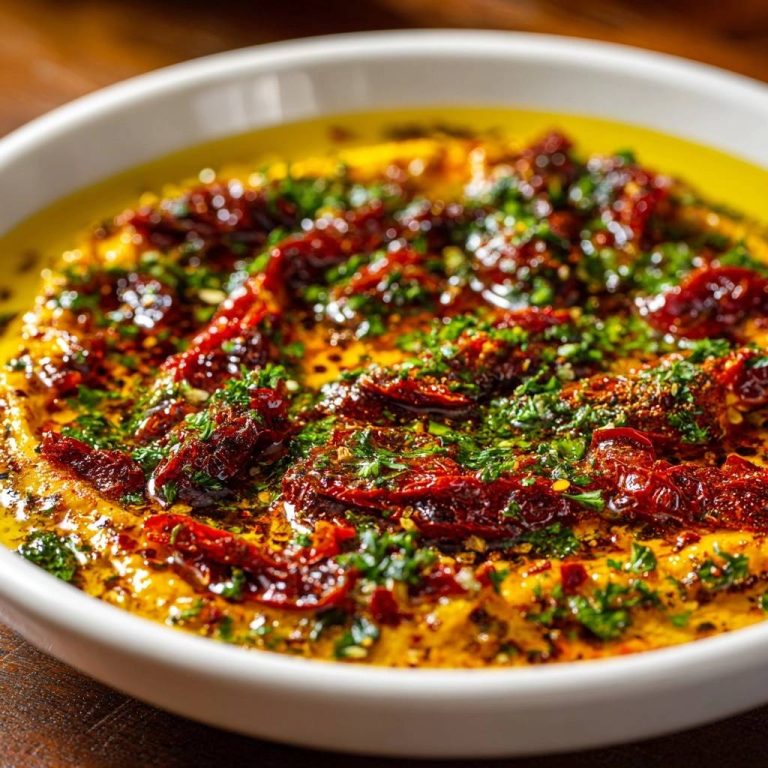 Cremiger Paprika-Hummus garniert mit sonnengetrockneten Tomaten und frischer Petersilie in einer weißen Schüssel