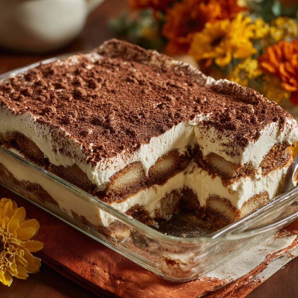Perfektes Tiramisu angeschnitten in einer Glasform, mit Löffelbiskuits und cremiger Schicht, bestäubt mit Kakaopulver.