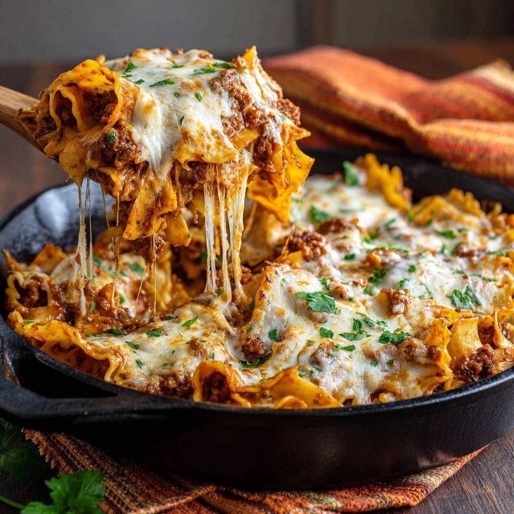 Pfannen-Lasagne mit Hackfleisch und Käse, die mit geschmolzenem Käse und einem Holzlöffel serviert wird.