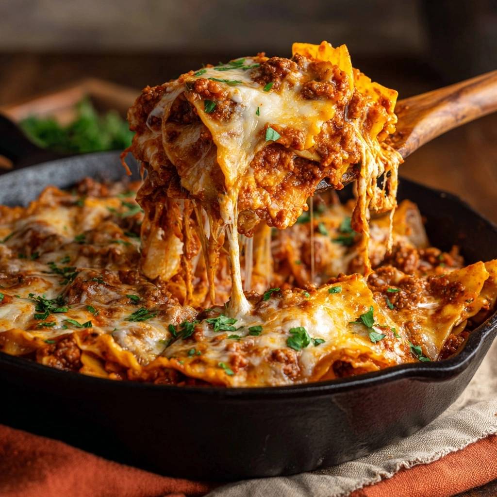 Pfannen Lasagne Mit Kaese Gezogen 1 Pfannen-Lasagne mit Hackfleisch und Käse, von der ein Holzschöpfer mit langem, geschmolzenem Käse herausgehoben wird.