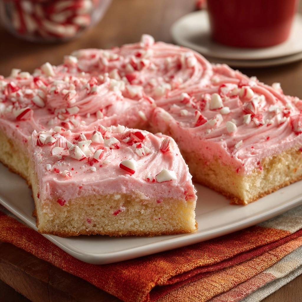 Pfefferminz Blechkuchen Angeschnitten 1 Pfefferminz-Blechkuchen angeschnitten auf einem weißen Teller, mit rosa Zuckerguss und zerstoßenen Pfefferminzbonbons garniert.