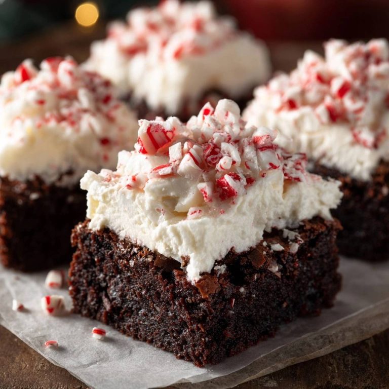 Saftige Pfefferminz-Schoko-Brownies mit weißer Glasur und zerstoßenen Pfefferminzbonbons garniert, nahaufnahme