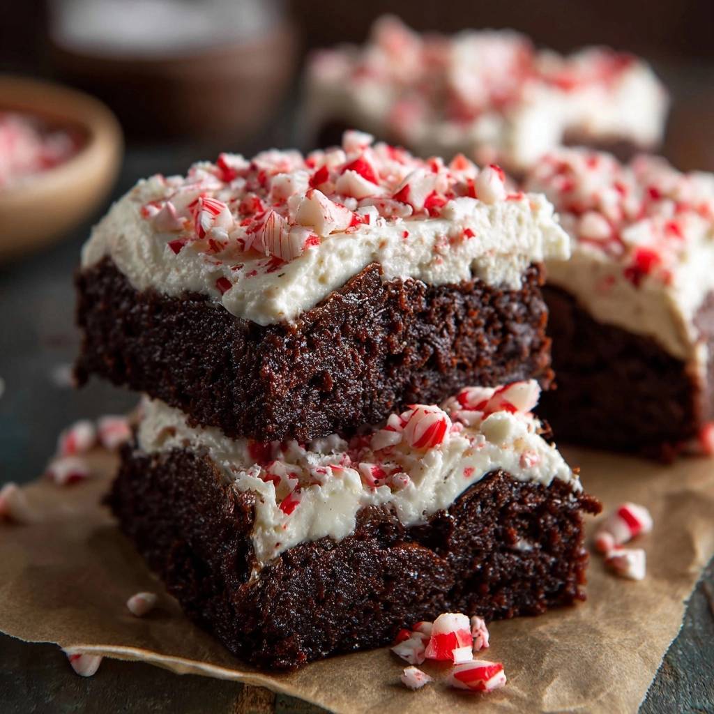 Pfefferminz Schoko Brownies Gestapelt Mit Topping 1 Saftige Pfefferminz-Schoko-Brownies, gestapelt und mit weißem Zuckerguss und zerstoßenen Pfefferminzbonbons garniert.