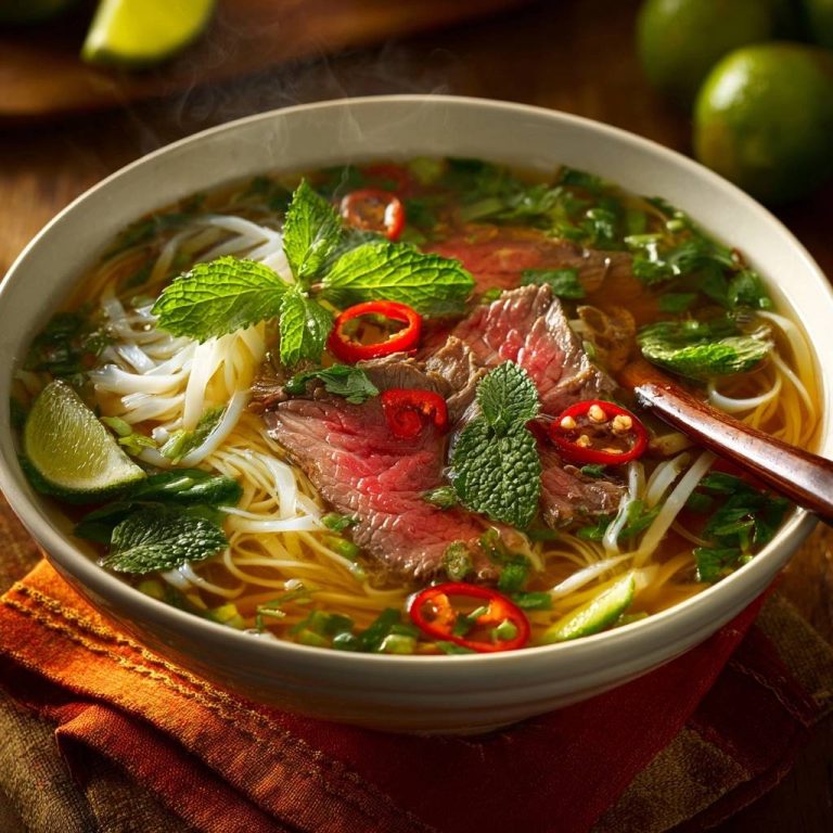 Authentisches Pho Bo Rezept mit saftigem Fleisch, serviert mit frischen Kräutern und Chilis in einer dampfenden Schüssel.