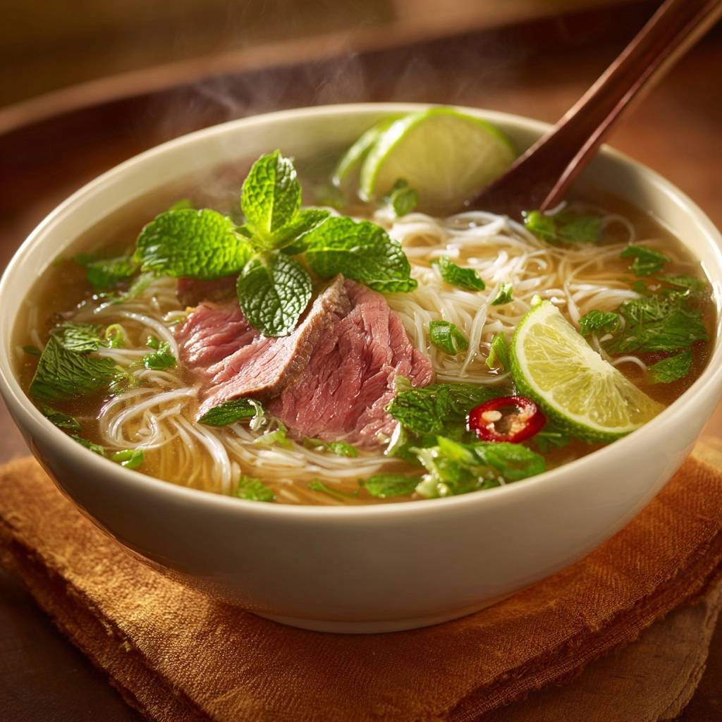 Authentisches Pho Bo mit saftigem Rindfleisch, frischen Kräutern und Limette in einer dampfenden Schüssel.