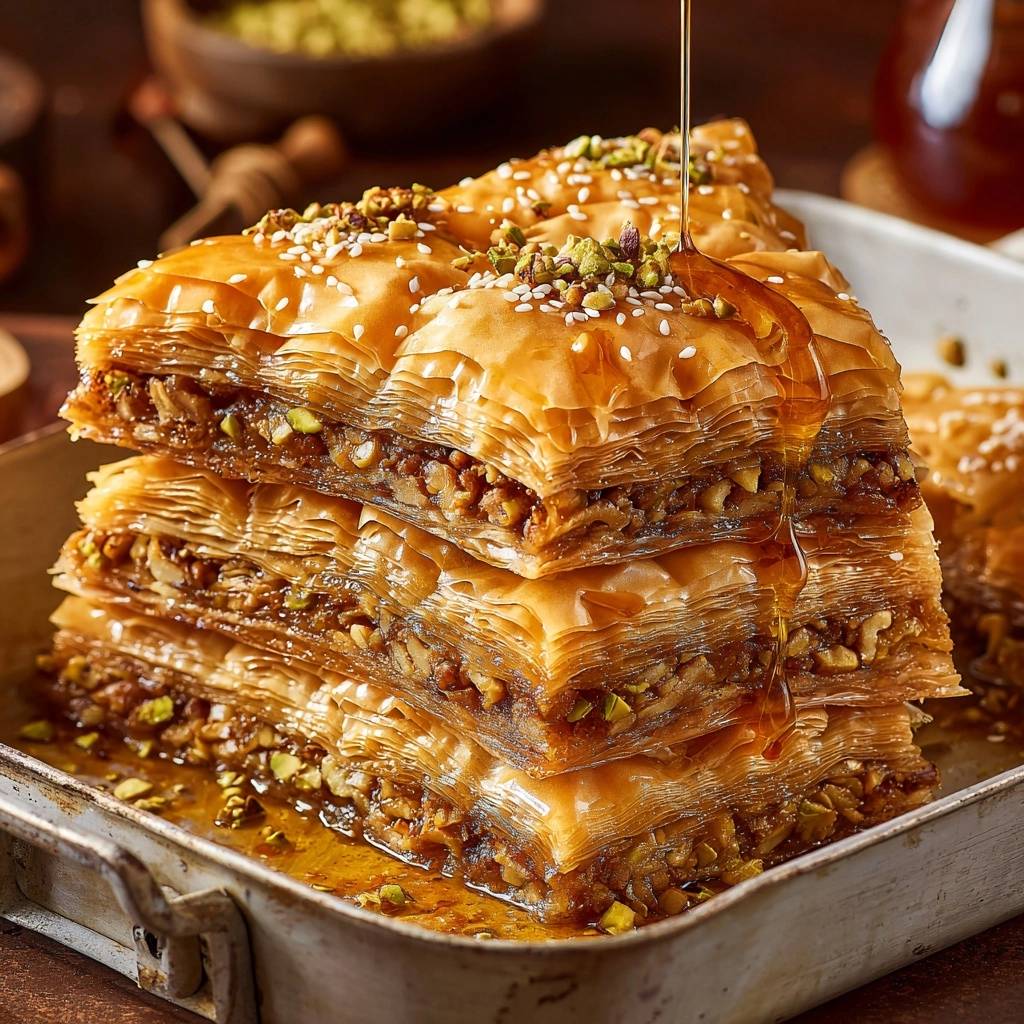 Knuspriges Pistazien-Baklava mit Honig, der auf die geschichteten Teigschichten tropft und die Nüsse zeigt