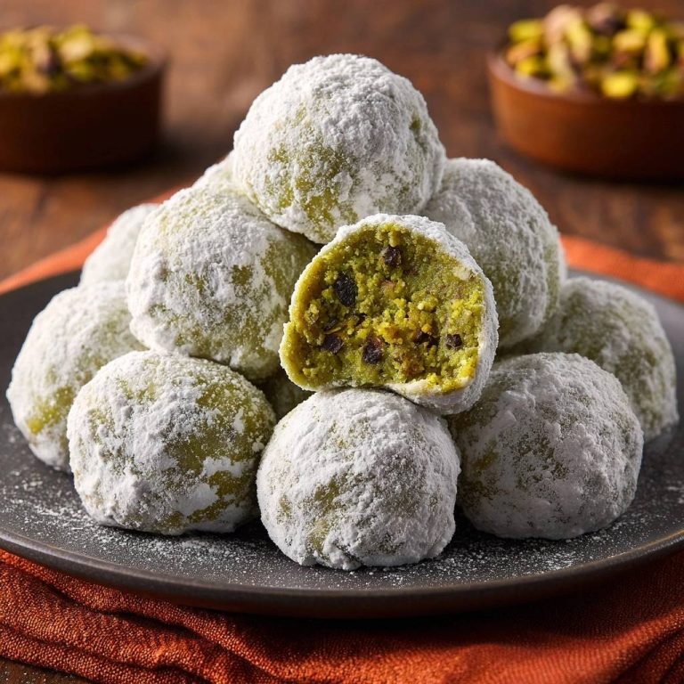 Pistazien-Kokos-Bällchen angeschnitten, das Innere zeigt Pistazien und Rosinen, bestäubt mit Puderzucker.