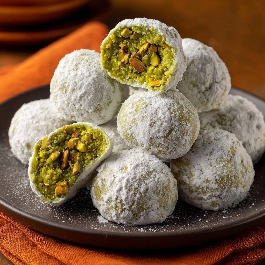 Pistazien Kokos Bllchen Querschnitt 1 Pistazien-Kokos-Bällchen im Anschnitt mit sichtbaren Pistazienstückchen und Puderzucker bestäubt.
