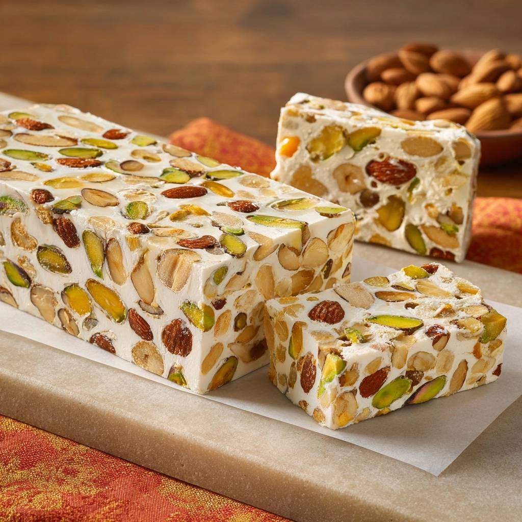 Pistazien Mandel Nougat Angeschnitten 1 Pistazien-Mandel-Nougat angeschnitten, zeigt eine dichte Textur voller Nüsse und Mandeln im Inneren.