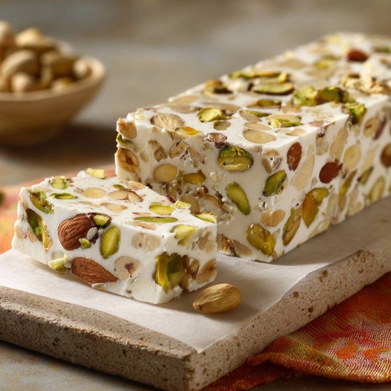 Pistazien-Mandel-Nougat, angeschnitten, zeigt das Innere mit vielen Nüssen und Mandeln, auf einem Steinbrett liegend.