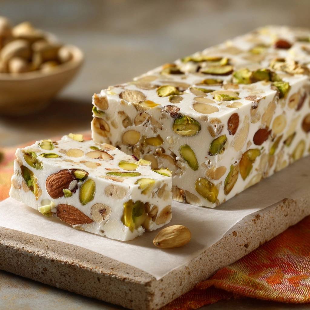 Pistazien-Mandel-Nougat, angeschnitten, zeigt das Innere mit vielen Nüssen und Mandeln, auf einem Steinbrett liegend.
