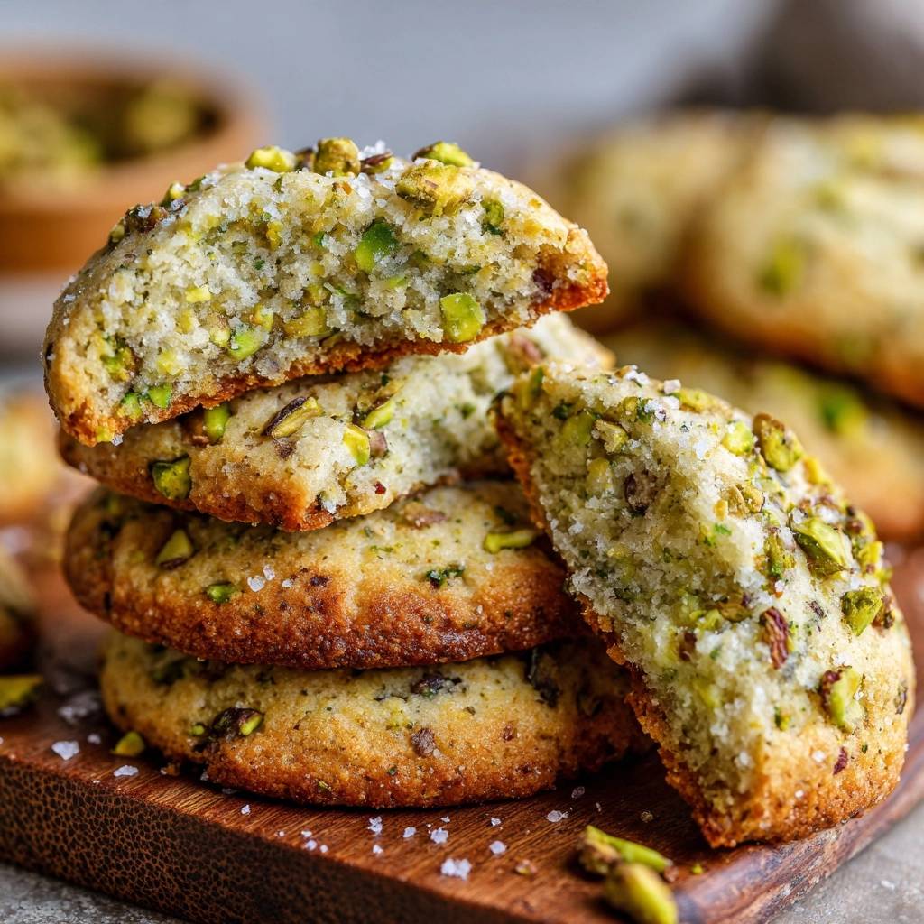 Pistazien Meersalz Cookies Angeschnitten Gestapelt 1 Pistazien-Meersalz-Cookies angeschnitten und gestapelt auf einem Holzbrett, mit gehackten Pistazien und Meersalz bestreut.