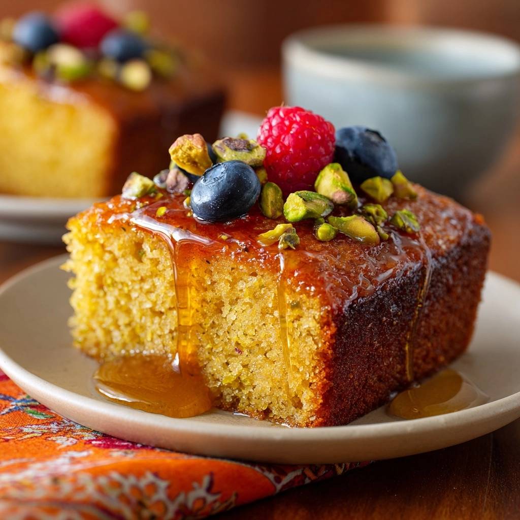 Pistazien-Sirupkuchen mit Beeren, angeschnitten mit Siruptropfen und Beeren garniert, auf einem Teller
