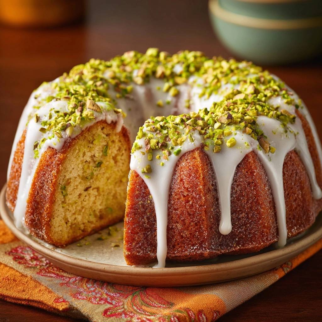Pistazien-Zucchini-Gugelhupf angeschnitten mit Zuckerguss und gehackten Pistazien, zeigt das Innere des Kuchens.