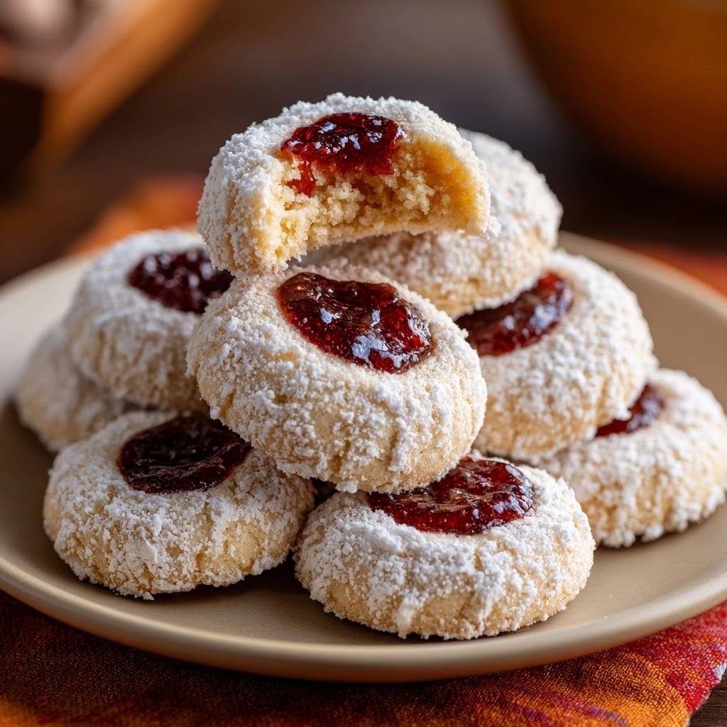 Pudrige Marmeladenkekse angeschnitten, die den weichen Keks und die fruchtige Marmeladenfüllung zeigen.