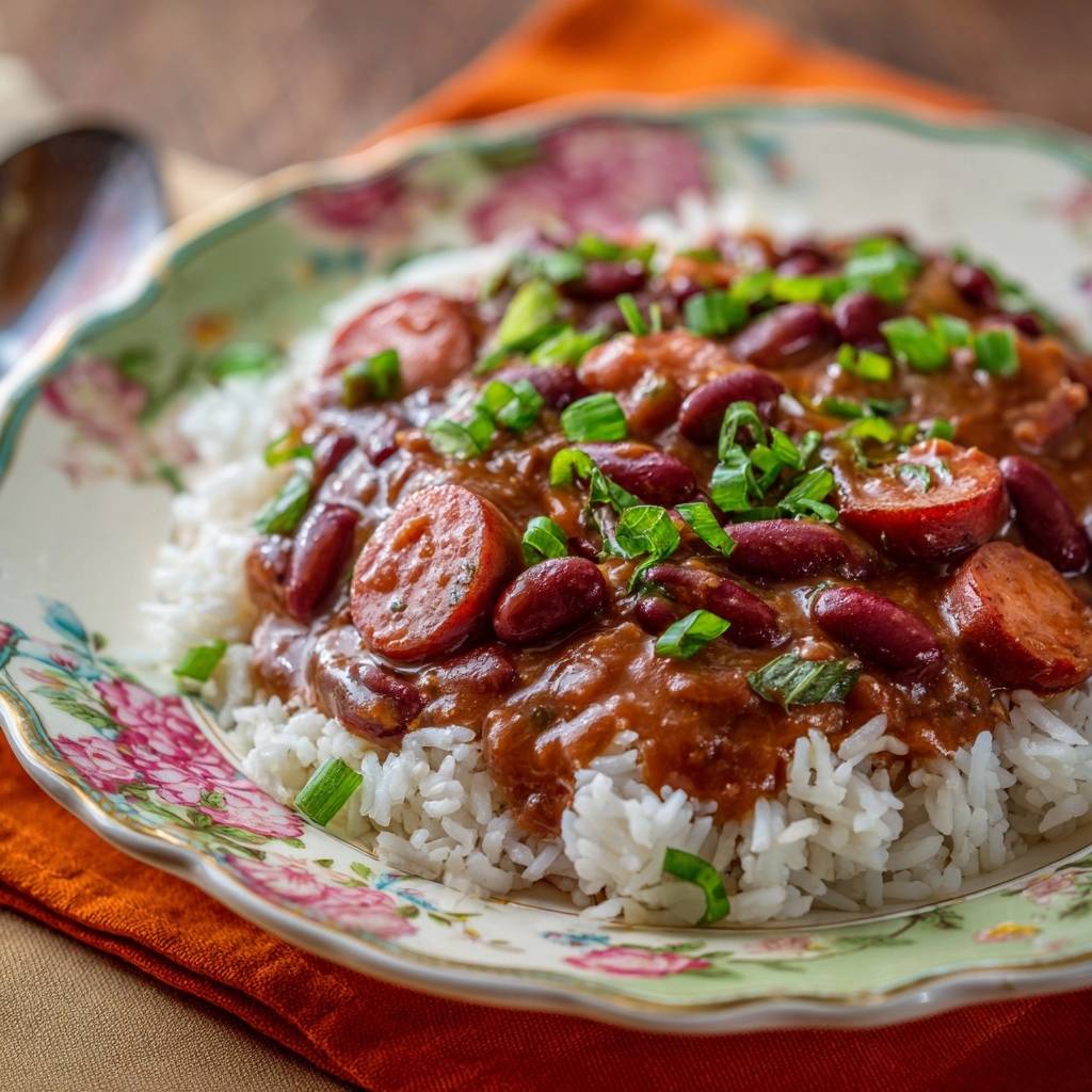 Red Beans And Rice Nahaufnahme Mit Wurst Und Frhlingszwiebel 1 Herzhaftes Red Beans and Rice auf Reis mit Wurstscheiben und Frühlingszwiebeln, nahaufnahme im Teller.
