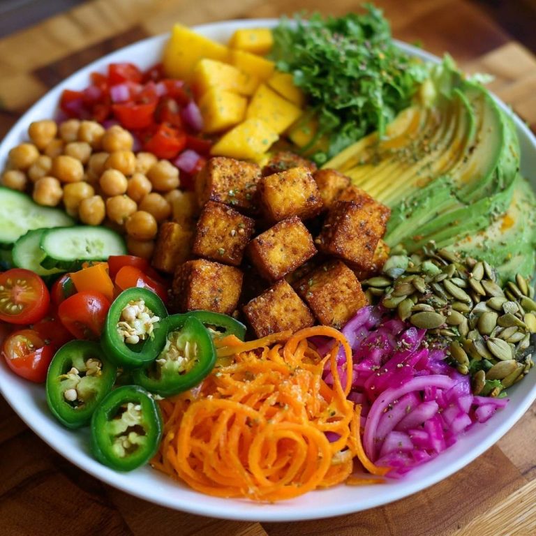 Bunte Regenbogen-Bowl mit Tofu: Draufsicht auf die Bowl mit den verschiedenen gesunden Zutaten und dem knusprigen Tofu.