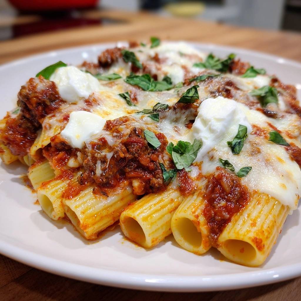 Rigatoni-Auflauf mit Bolognese, eine Nahaufnahme mit geschmolzenem Käse und frischem Basilikum garniert.