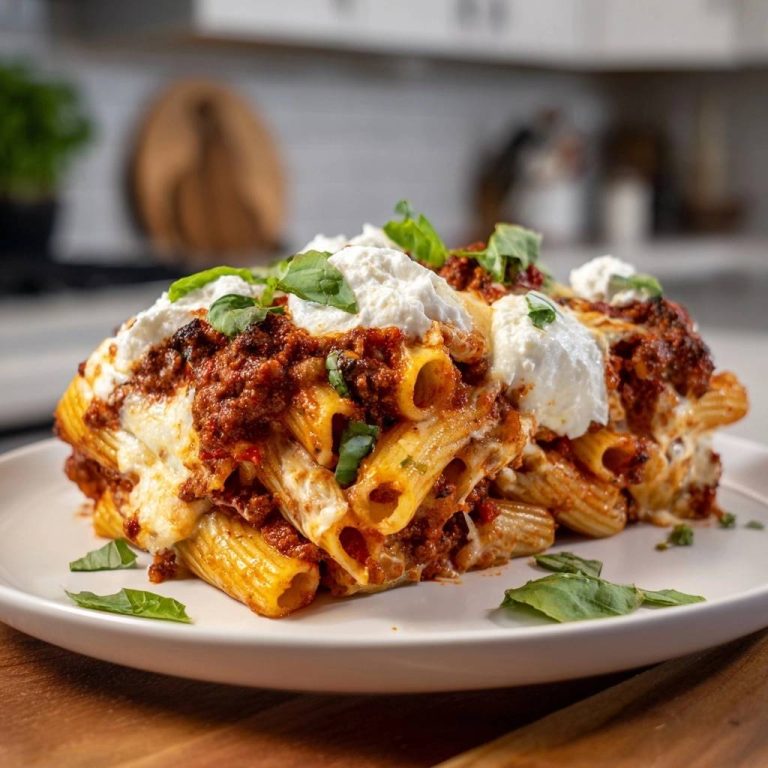 Rigatoni-Auflauf mit Bolognese, serviert als einzelne Portion auf einem Teller mit geschmolzenem Käse und frischem Basilikum.