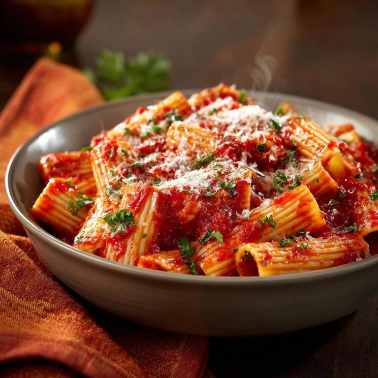 Rigatoni mit sämiger Tomatensauce, garniert mit frisch geriebenem Parmesan und Petersilie, dampfend serviert in einer Schüssel.