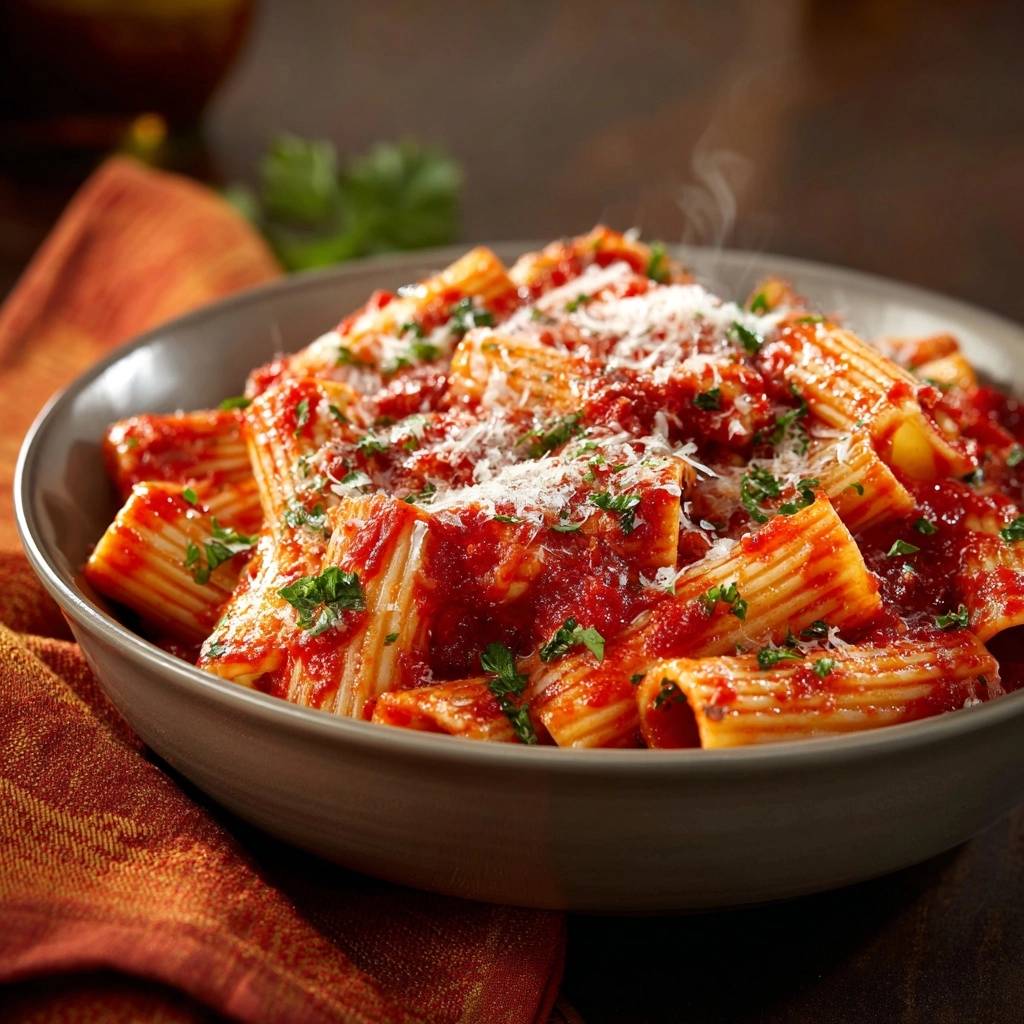 Rigatoni mit sämiger Tomatensauce, garniert mit frisch geriebenem Parmesan und Petersilie, dampfend serviert in einer Schüssel.