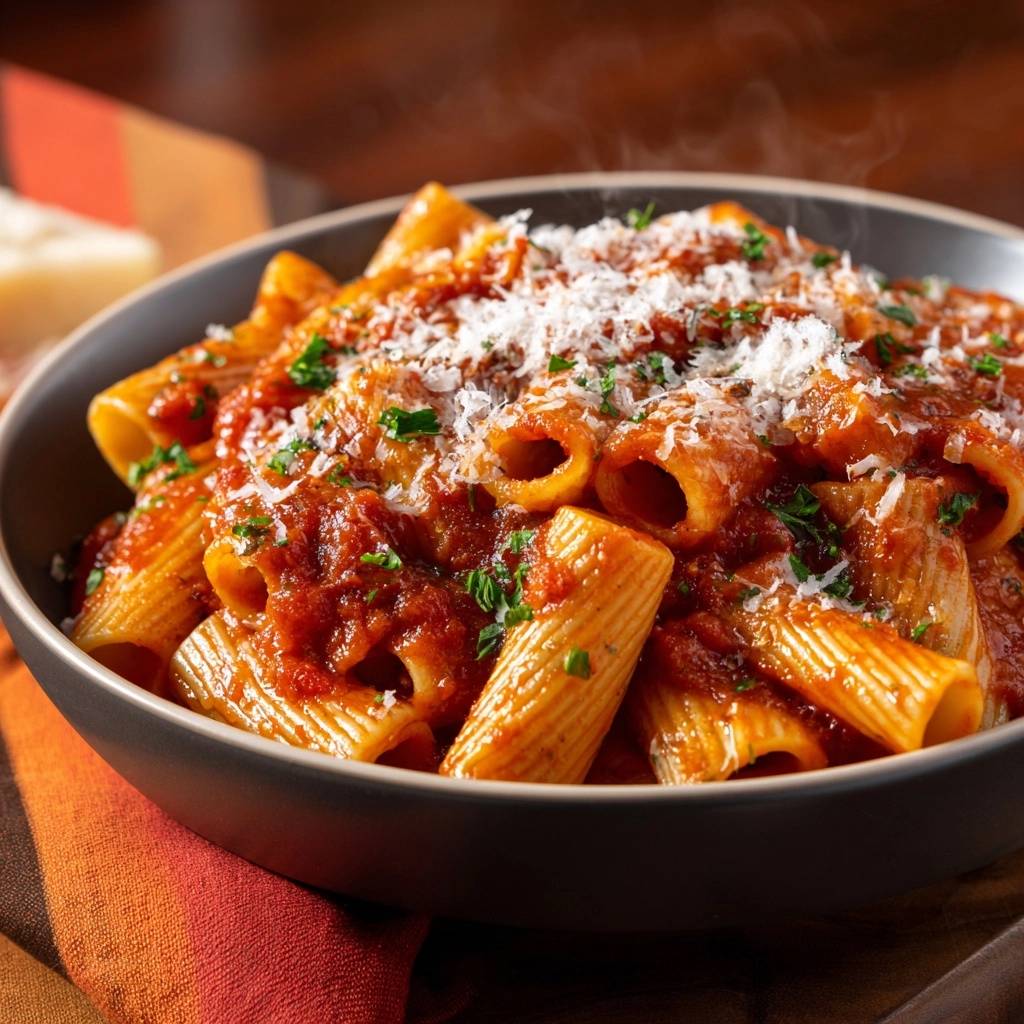 Rigatoni mit sämiger Tomatensauce, garniert mit geriebenem Käse und Petersilie, in einer Schüssel serviert.