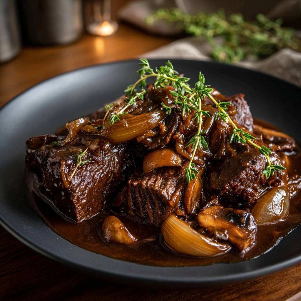 Rindergulasch Mit Perlzwiebeln Nahaufnahme Garniert 1 Saftiges Rindergulasch mit Perlzwiebeln, nah aufgenommen auf einem schwarzen Teller und mit frischen Kräutern garniert.