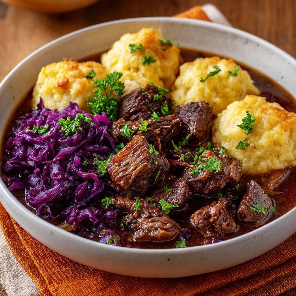 Rindergulasch mit Rotkohl und Semmelknödeln, nahaufnahme des herzhaften Gerichts mit Klößen und Beilagen.