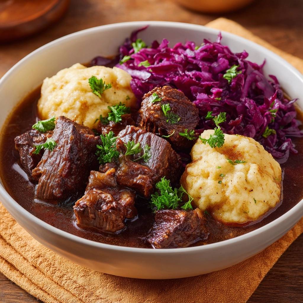Rindergulasch Mit Rotkohl Und Semmelknoedel Nahaufnahme 1 Rindergulasch mit Rotkohl und Semmelknödeln, eine Nahaufnahme der reichhaltigen Sauce und des dampfenden Gerichts.