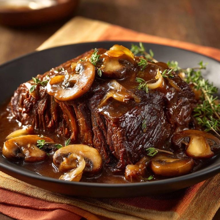 Saftiges Rindfleisch mit Champignons und Thymian in reichhaltiger Sauce, Nahaufnahme mit sichtbarer Textur und Garnitur.