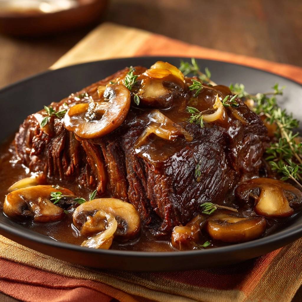 Saftiges Rindfleisch mit Champignons und Thymian in reichhaltiger Sauce, Nahaufnahme mit sichtbarer Textur und Garnitur.