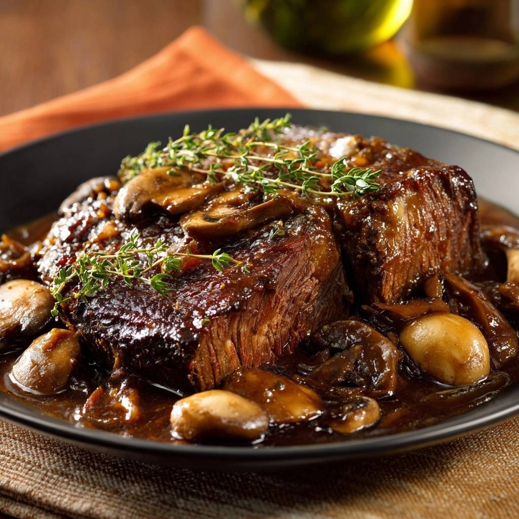Rindfleisch Mit Champignons Garniert 1 Saftiges Rindfleisch mit Champignons und Thymian, garniert mit frischen Kräutern und serviert mit Pilzen in Sauce.