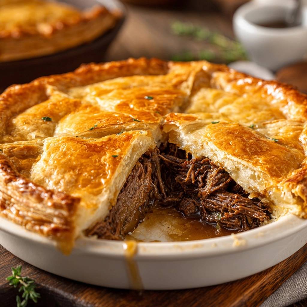 Rindfleisch Pie Angeschnitten Innenansicht 1 Herzhafter Rindfleisch-Pie angeschnitten, der das zarte geschredderte Rindfleisch und den saftigen Boden zeigt.