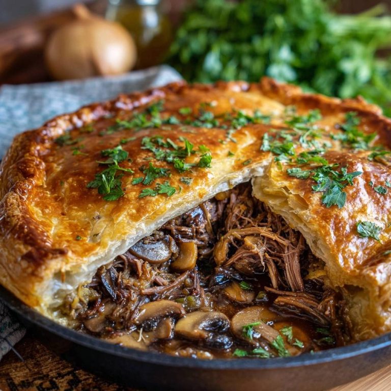Herzhafter Rindfleisch-Pilz-Pie angeschnitten, der goldbraune Teig hebt sich und gibt den Blick auf das saftige Innere mit Rindfleisch und Pilzen frei.