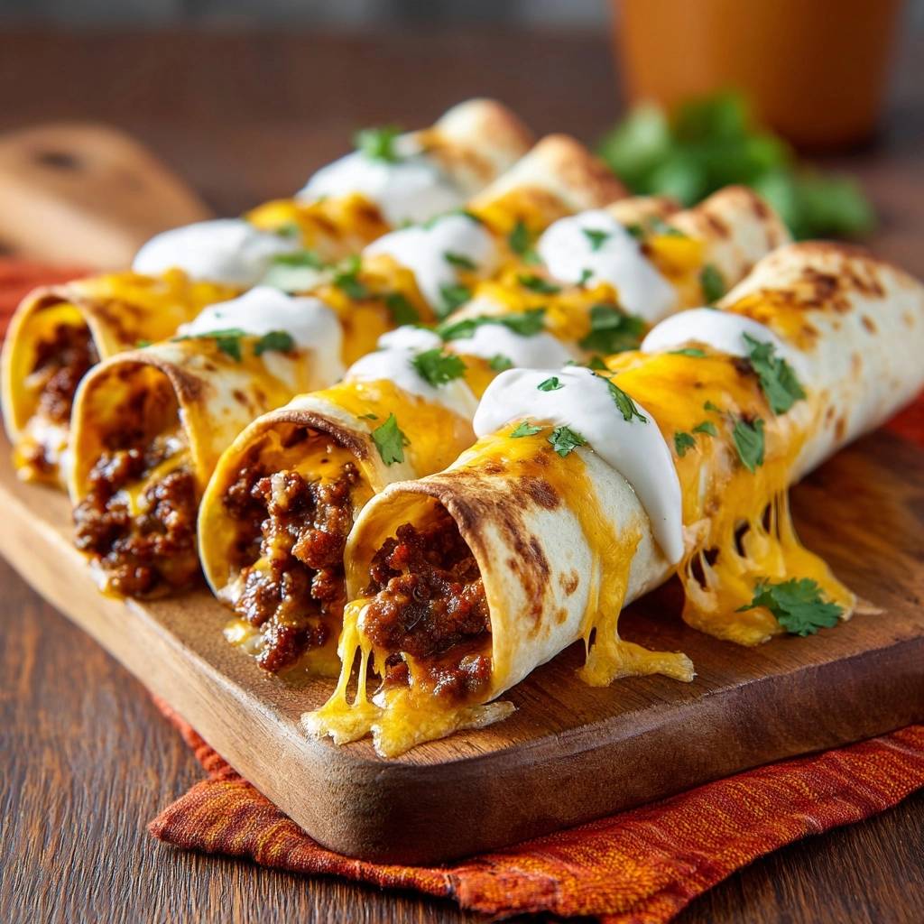 Knusprige Rindfleisch-Taquitos mit geschmolzenem Käse und einem Klecks Sauerrahm auf einem Holzbrett.