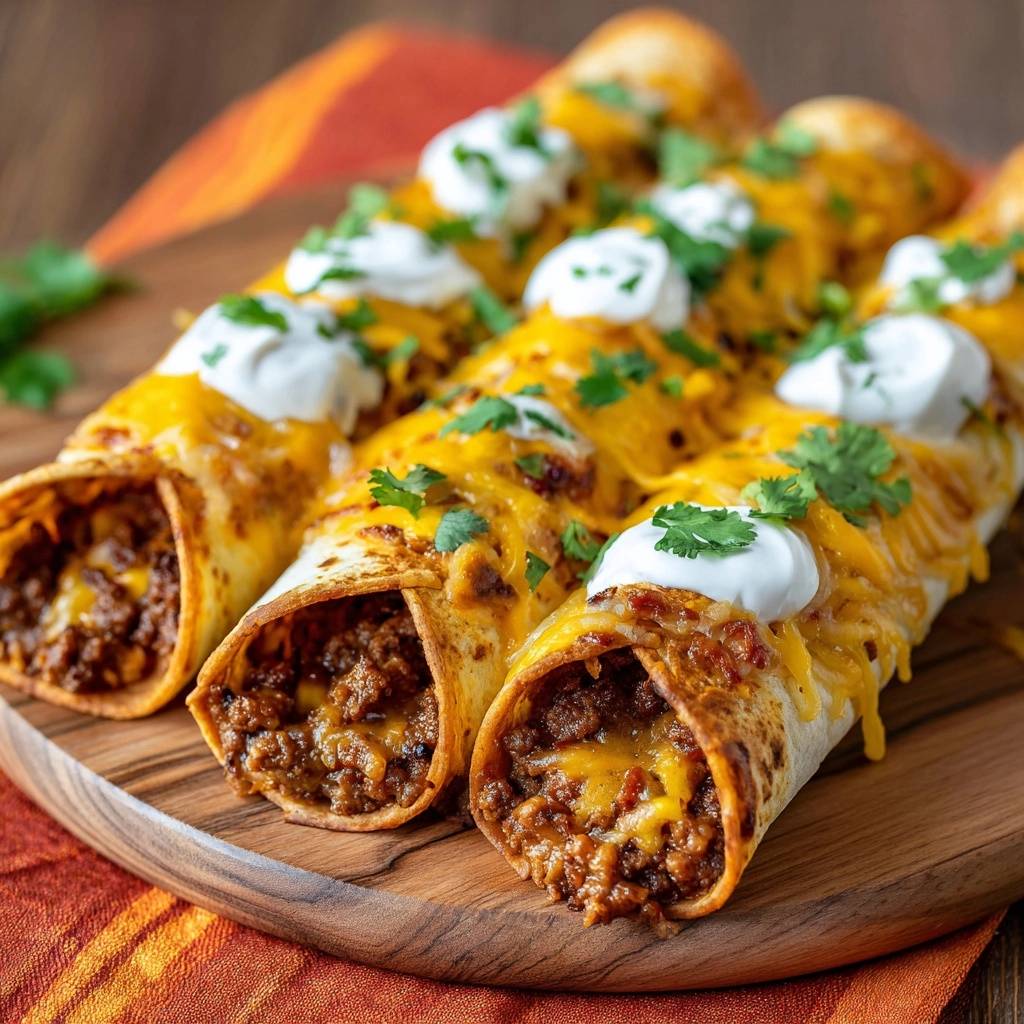 Rindfleisch Taquitos Nahaufnahme Garniert 1 Knusprige Rindfleisch-Taquitos mit geschmolzenem Käse, Sauerrahm und Koriander garniert, Nahaufnahme