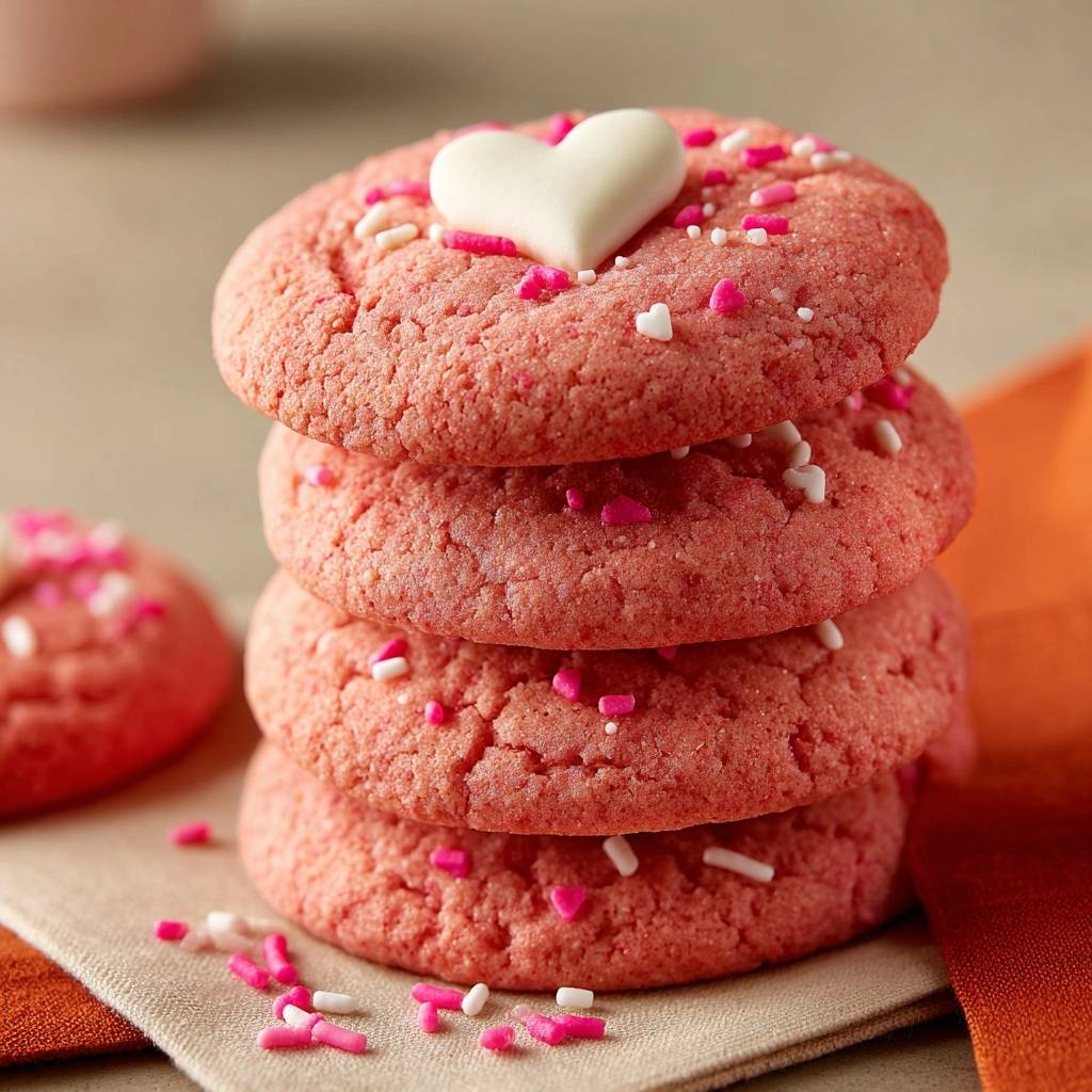 Rosa Crinkle Cookies Herzchen Detail 1 Rosa Crinkle-Cookies mit Herzchen-Deko, gestapelt mit Streuseln und einem weißen Herz aus Zuckerguss auf dem obersten Keks.