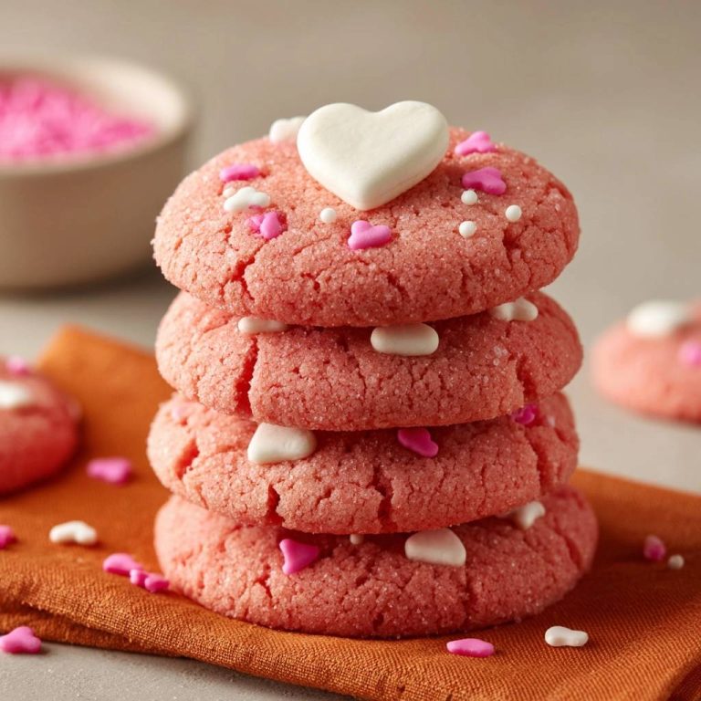 Rosa Crinkle-Cookies mit Herzchen-Deko, gestapelt und mit Streuseln garniert, in Nahaufnahme auf einem orangefarbenen Tuch.