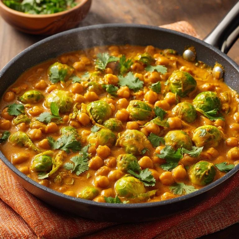 Cremiges Rosenkohl-Kichererbsen-Curry in einer Pfanne mit frischem Koriander garniert, dampfend serviert.