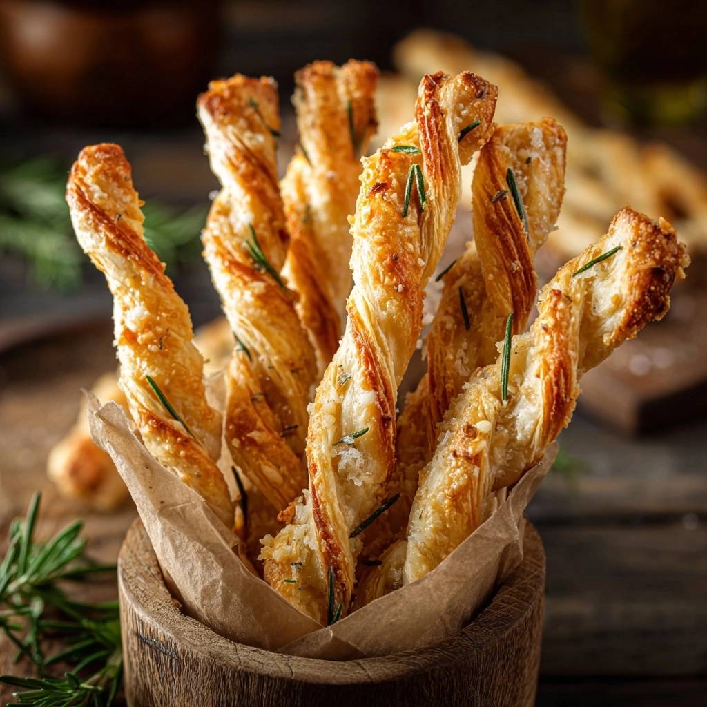 Rosmarin Parmesan Twists Detail Nahaufnahme 1 Knusprige Rosmarin-Parmesan-Twists mit Käse und Kräutern, nahaufnahme der gebackenen Teigstränge