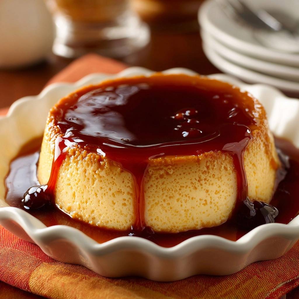 Rustikaler Flan Caramel Detail Glasur 1 Rustikaler Flan Caramel mit glänzender Karamellglasur und Kirschen in einer weißen Form serviert.