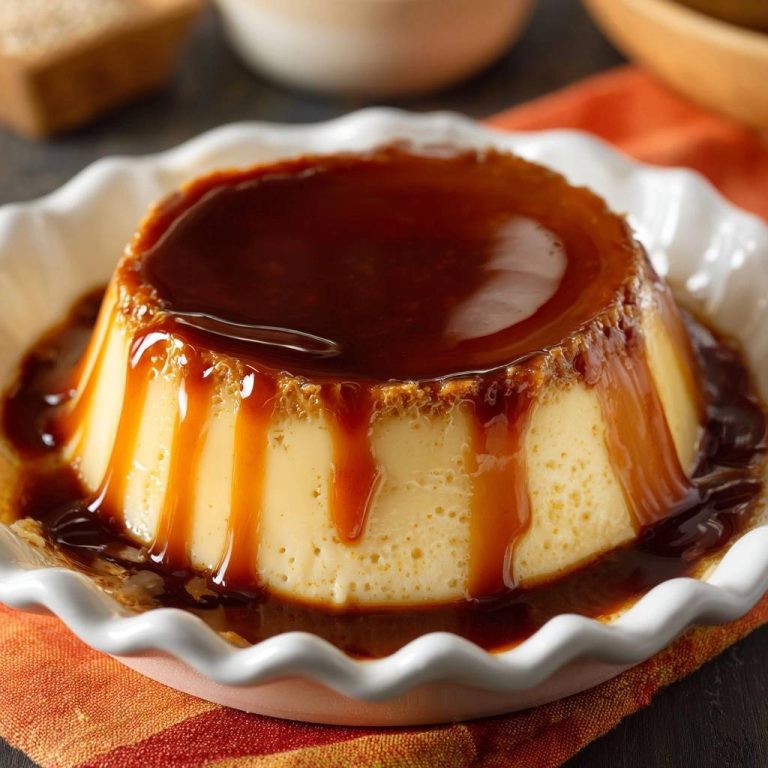 Rustikaler Flan Caramel mit glänzender Karamellglasur und Tropfen, die über den Rand laufen.