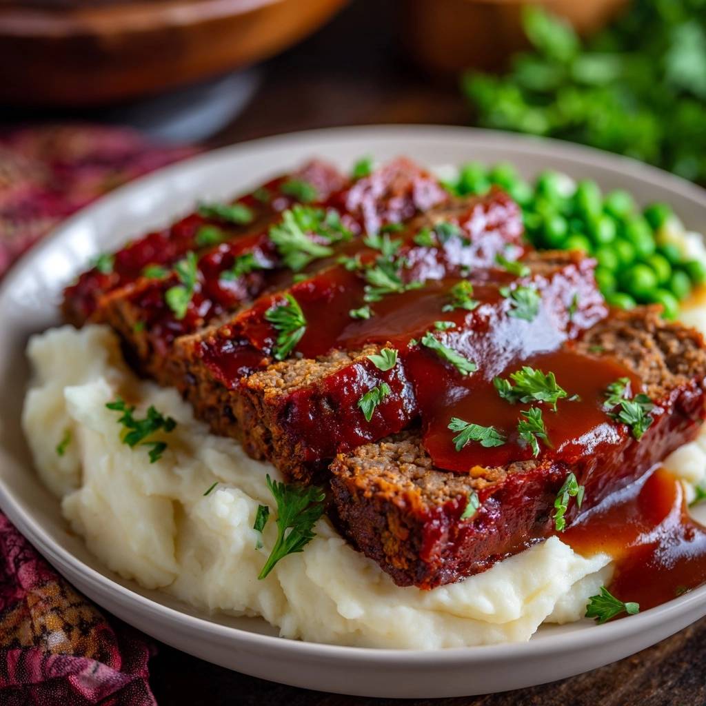Saftiger Hackbraten Angeschnitten 1 Saftiger Hackbraten mit Kartoffelpüree und Erbsen, angeschnitten und mit Sauce übergossen, garniert mit Petersilie.