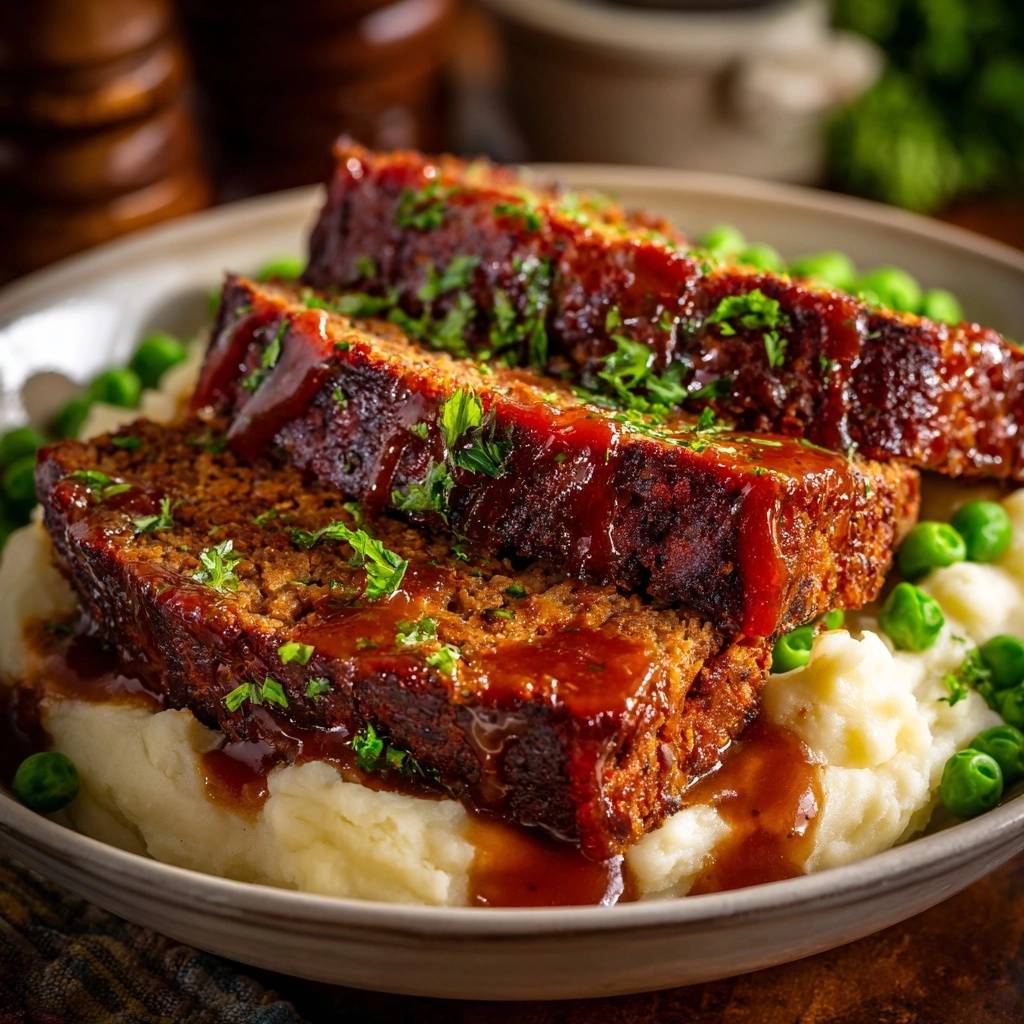 Saftiger Hackbraten mit Kartoffelpüree und Erbsen, angeschnitten mit glasiertem Topping und frischer Petersilie garniert.