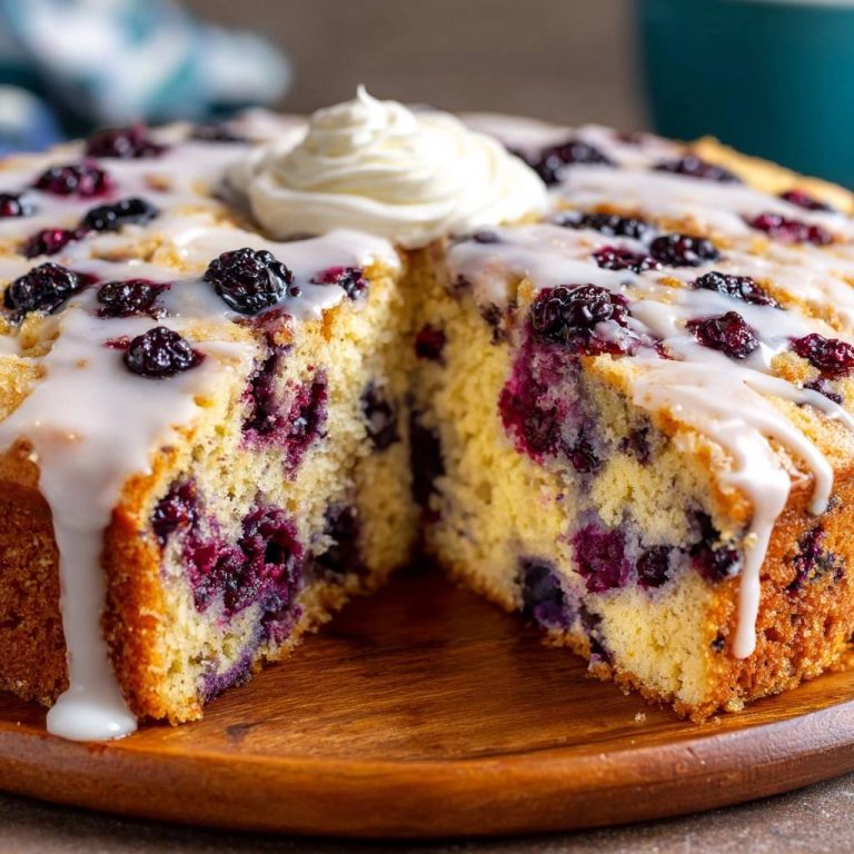 Saftiger Heidelbeerkuchen angeschnitten mit einer Haube aus Schlagsahne und Blaubeeren, auf einem Holzbrett.