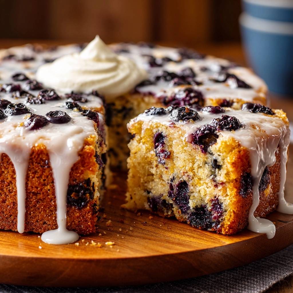 Saftiger Heidelbeerkuchen Angeschnitten Mit Glasur 1 Saftiger Heidelbeerkuchen angeschnitten mit glänzender Glasur und frischen Blaubeeren, mit einem Klecks Sahne garniert.