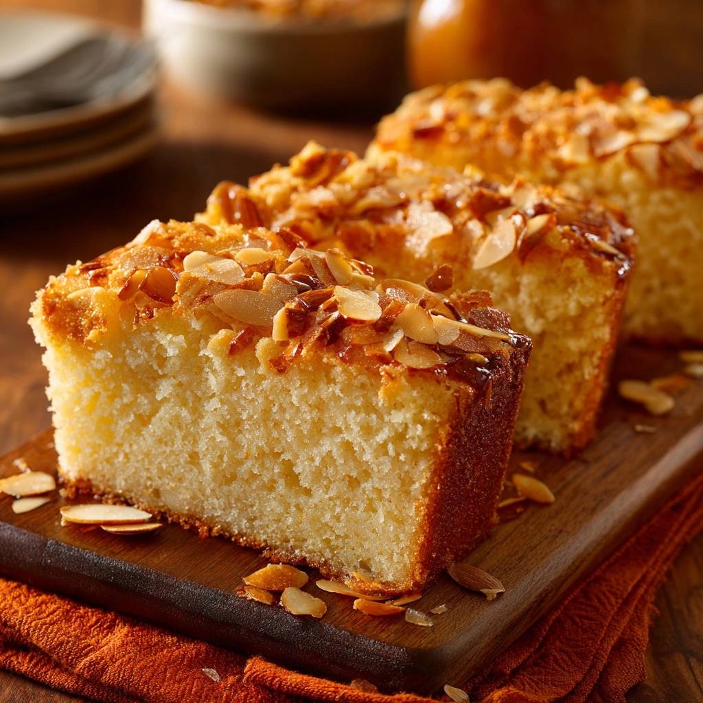 Saftiger Mandel-Rührkuchen angeschnitten mit Mandeln und Glasur auf einem Holzbrett